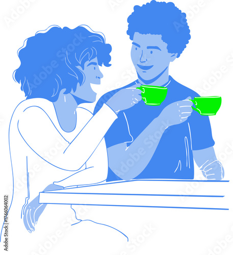 A man and a woman are sitting at a table and drinking coffee. Vector illustration.