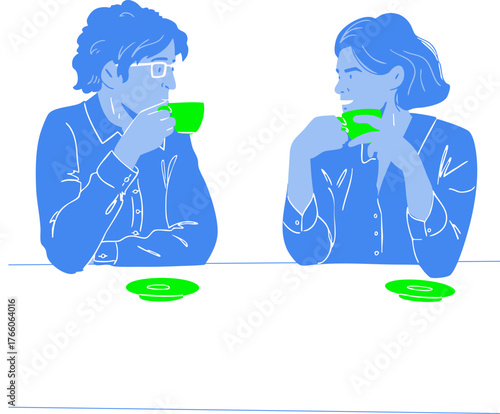 A man and a woman are sitting at a table and drinking coffee. Vector illustration.