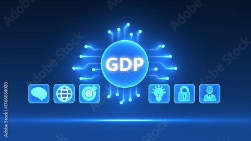 Glowing Blue Circuit Board With GDP Text And Icons Representing Business Concepts On Dark Background