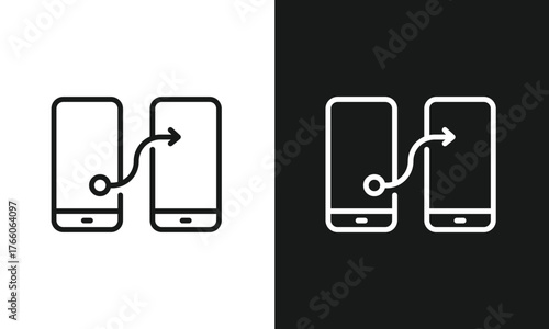 Mobile Data Transfer Peer-to-Peer Outline Icon A simple line art icon showing data being transferred from one mobile phone to another via an arrowed line, representing P2P sharing, device sync.