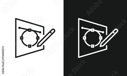 Vector Graphic Pen Tool Outline Icon A simple line art icon showing a pen tool drawing a vector curve (Bézier path) on a canvas.