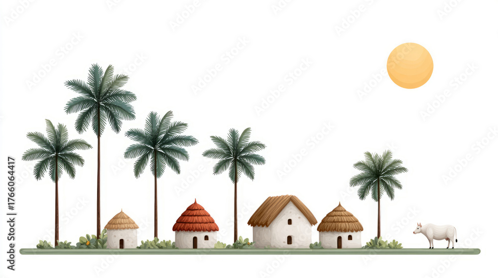 Obraz premium Idyllic indian village scene with traditional huts and palm trees under the sun