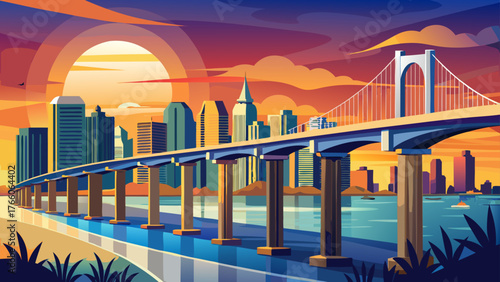 Very beautiful, sunrise view of Coronado Bridge with San Diego skyline in view from Coronado, glowing morning light, panoramic cityscape, calm waters, iconic architecture, and serene coastal atmospher