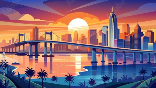 Very beautiful, sunrise view of Coronado Bridge with San Diego skyline in view from Coronado, glowing morning light, panoramic cityscape, calm waters, iconic architecture, and serene coastal atmospher