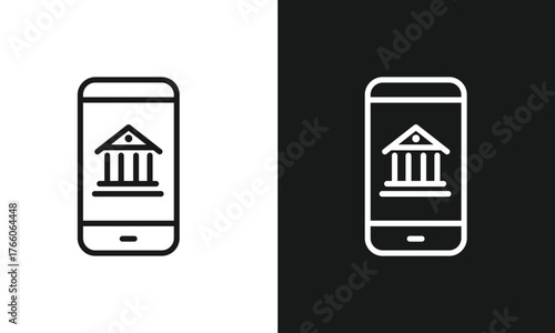 Mobile Banking Application Outline Icon A simple line art icon of a mobile phone displaying a bank or building symbol, representing online banking, fintech, or financial services.
