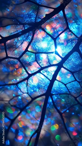 Intricate dark organic network against a shimmering background of green, blue, and orange light