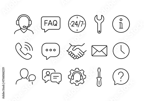 Customer support line icons: tools, communication, and assistance symbols