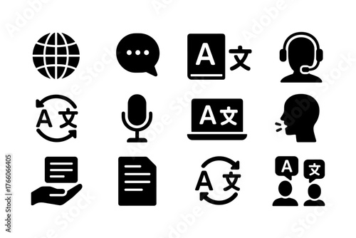 Language and communication icons: translation, global connectivity, and customer support