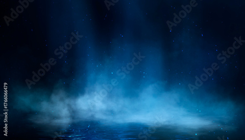 Dark street, asphalt abstract dark blue background, empty dark scene, neon light, spotlights The concrete floor and studio room with smoke float up the interior texture for display products