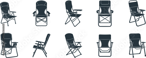 Folding chair collection, camping seat icons, portable outdoor furniture, collapsible chairs set, travel gear, flat vector illustration, ergonomic design