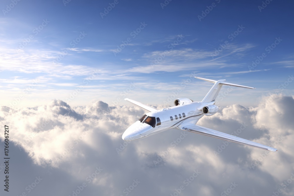 Fototapeta premium white private jet flying in a blue sky
