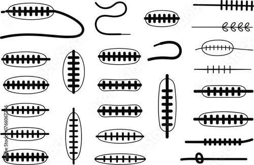 Suture stitch icons, abstract medical stitches, surgical thread symbols, wound closure graphics, black line art, minimal healthcare design, flat vector illustration