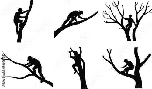 Tree climbing silhouettes, arborist working poses, pruning activity icons, chainsaw safety graphics, forest maintenance illustration, black vector art, flat vector illustration