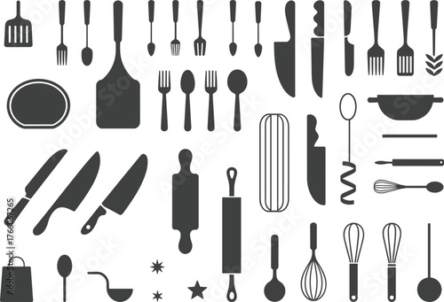 Kitchen utensils silhouette collection, cooking tools icons, flat vector illustration, black kitchenware set, culinary equipment, food prep items, isolated design