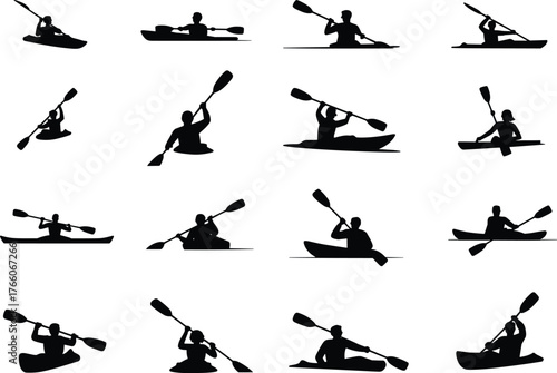 Kayaking silhouette collection, paddling posture, water sport activity, kayak motion, outdoor adventure, black vector icons, flat vector illustration