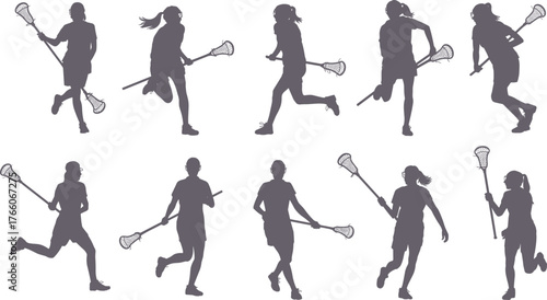 Lacrosse player silhouettes, dynamic poses, sports action, stick handling, running motion, flat design, vector illustration, athletic icons, black style, team sport