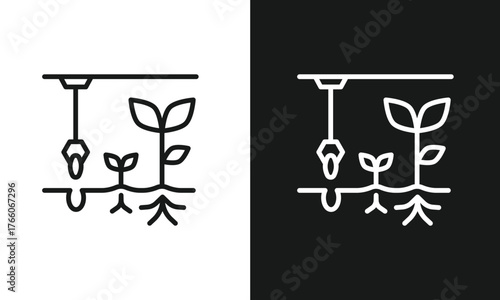 Automated Seed Planting Line Art Icon, Smart Farming Technology Symbol with Seedlings and Roots, Minimalist Vector Graphic for Agriculture, Gardening, and Growth Systems, Black and White Versions.