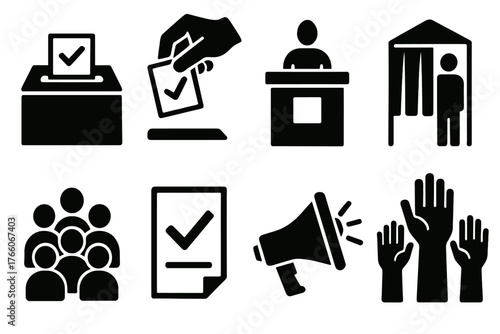 Bold Voting Icons. Voter Turnout silhouette set: ballot box, voting hand, election booth, crowd of people, checkmark paper, megaphone, polling station, raised hands