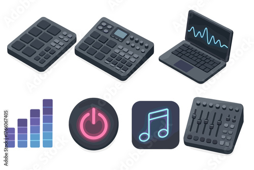 Modern Digital Drum Set. Digital Drums flat icons: drum pad, MIDI controller, laptop, waveform, equalizer bars, glowing button, neon note, soundboard