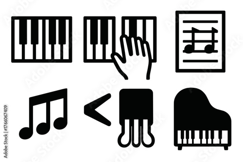 Brutalist Piano Icons. Piano Octave silhouette set: keyboard section, highlighted keys, hand on piano, sheet music, note group, dynamic mark, pedal icon, grand piano