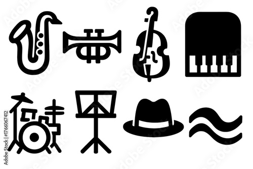 Bold Jazz Instrument Icons. Jazz Band silhouette set: saxophone, trumpet, double bass, piano, drum kit, music stand, hat silhouette, smooth wave