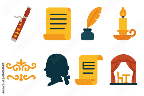 Baroque Icon Set. Baroque Bassoon set icons in flat icons: wooden bassoon, parchment sheet, quill pen, candlelight, ornate border, powdered wig silhouette, music scroll, chamber