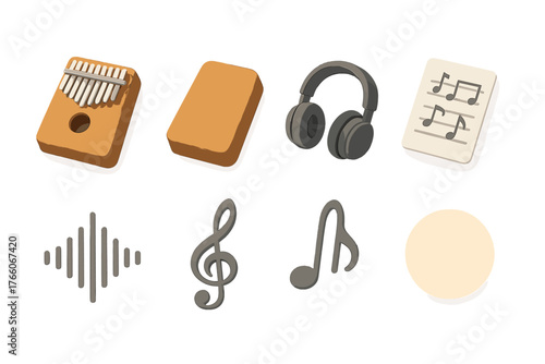 Modern Kalimba Icons. Modern Kalimba flat icons: metal-tined kalimba, polished wood, headphones, sheet music, waveform, treble clef, soft glow, minimal icon