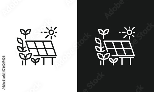 Solar Powered Farm Icon, Minimalist Line Art for Sustainable Agriculture and Renewable Energy, Modern Vector Graphic for Eco-Friendly Farming, Black and White Versions.