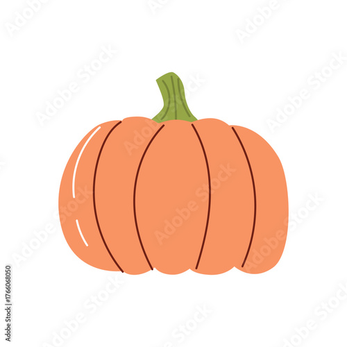 A simple illustration of a round, orange pumpkin with a green stem. The pumpkin has smooth skin and a classic shape, representing autumn and harvest themes.