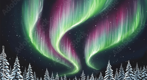 A modern watercolor illustration of the vibrant aurora borealis dancing in the night sky over a serene, snow-covered winter forest landscape