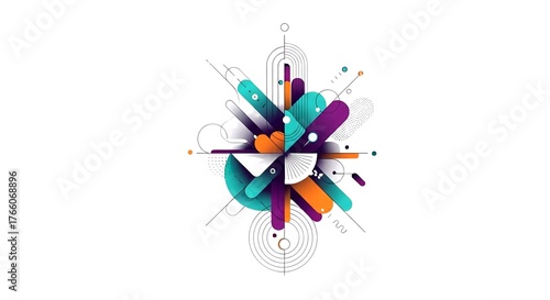 Dynamic abstract geometric composition featuring vibrant exploding shapes and lines, representing innovation, digital technology, data flow, and modern creative design