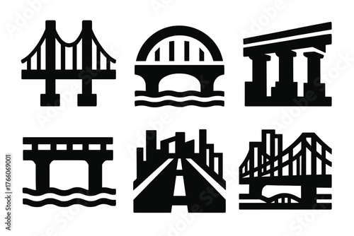 Brutalist Bridge Icons. Architectural Bridge silhouette set: suspension bridge, arch bridge, pillar support, river view, construction beam, road span, skyline, structure line