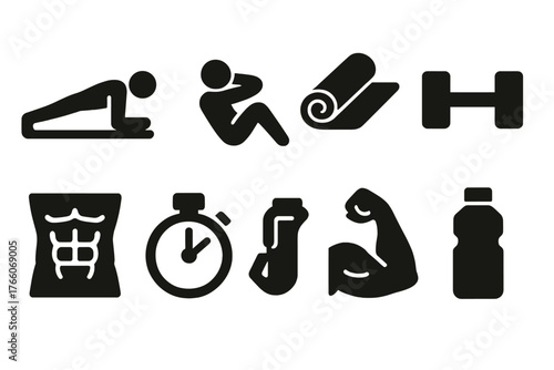 Fitness and Music Icons. Fitness Core Work silhouette set: plank pose, sit-up motion, gym mat, dumbbell, abs outline, stopwatch, muscle flex, water bottle , Rock Saxophone set