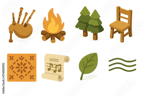 Bagpipes and Podcast Icons. Folk Bagpipes flat icons: wooden bagpipes, campfire, forest trees, rustic chair, folk pattern, music scroll, leaf motif, harmony lines , Podcast Outro