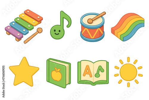 Children's Music Icons. Children’s Xylophone flat icons: colorful bars, mallet, smiling note, toy drum, rainbow wave, star, learning book, sunshine
