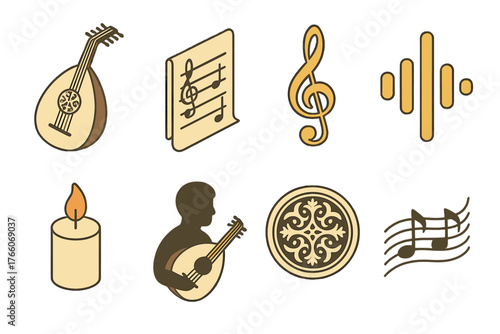 Oud Music Icons. Classic Oud flat icons: wooden oud, sheet music, treble clef, sound wave, candlelight, musician silhouette, ornate rosette, harmony line