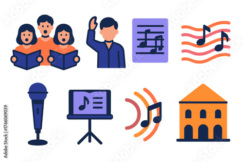 Choir Rehearsal Icons. Choir Rehearsal set icons in flat icons: group singers, conductor, sheet music, harmony lines, microphone, music stand, echo symbol, practice hall