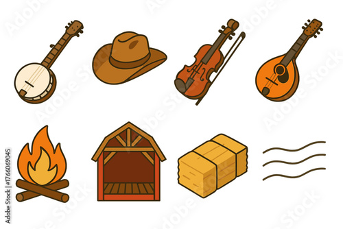 Bluegrass Icon Set. Bluegrass Banjo flat icons: banjo, cowboy hat, fiddle, mandolin, campfire, barn stage, hay bale, rhythm lines