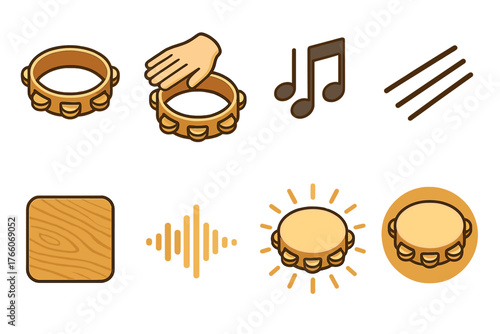 Tambourine Icon Set. Classic Tambourine flat icons: tambourine with jingles, hand icon, music notes, rhythm lines, wooden texture, sound wave, light burst, harmony circle
