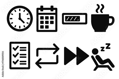 Brutalist Work Icons. Work Tempo silhouette set: clock, calendar pace, progress bar, coffee cup, checklist, workflow arrows, fast-forward symbol, rest break