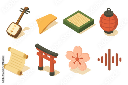 Isometric Shamisen Icons. Traditional Shamisen flat icons: shamisen, bachi pick, tatami mat, lantern, scroll sheet, temple gate, cherry blossom, sound wave