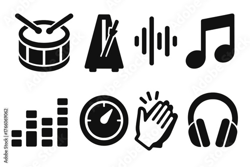 Brutalist Music Icons. Music Beat silhouette set: drum, metronome, sound wave, musical note, rhythm bars, tempo dial, clap icon, headphones