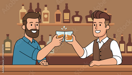 Two smiling men with beards and stylish hair clinking glasses of amber liquid in a bar setting, with shelves full of bottles in the background, celebrating friendship and good times with a toast.
