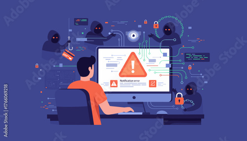 Cybersecurity threat concept: A person using a computer displays a notification error with a caution triangle, surrounded by shadowy hackers in hoodies, one fishing for a credit card, others with