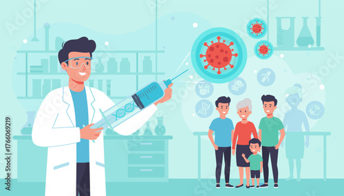 A scientist in a lab coat holds a syringe with DNA inside, aiming to fight the COVID-19 virus, represented by red spheres, with a diverse family standing in the background, symbolizing vaccination