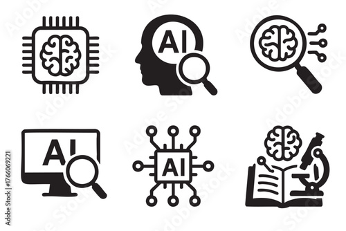 Collection of black icons depicting artificial intelligence concepts, including a brain on a chip, ai text with magnifying glass, and neural connections.