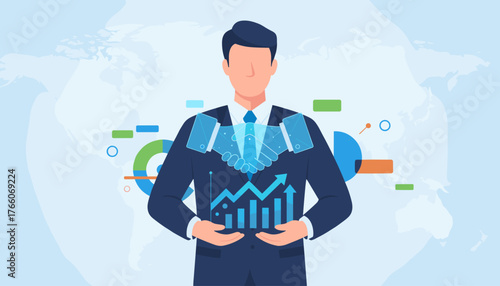 Abstract illustration of a businessman in a suit, symbolizing trust and partnership, with a digital handshake overlay and financial charts, set against a world map background, representing global