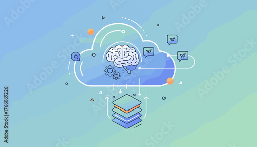 Vivid flat illustration of cloud storage and data processing, featuring a stylized brain with gears inside a cloud, symbolizing artificial intelligence and machine learning, with data transfer icons