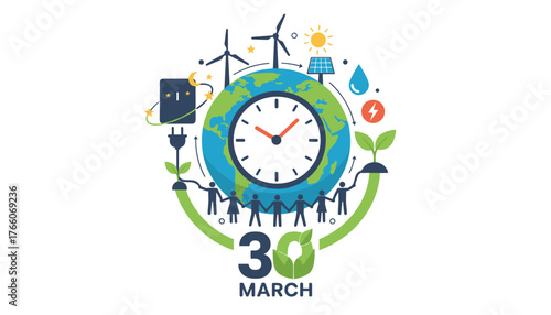 Vivid illustration of Earth with a clock, symbolizing Earth Hour on March 30th, featuring renewable energy sources like wind turbines and solar panels, alongside human connection and environmental