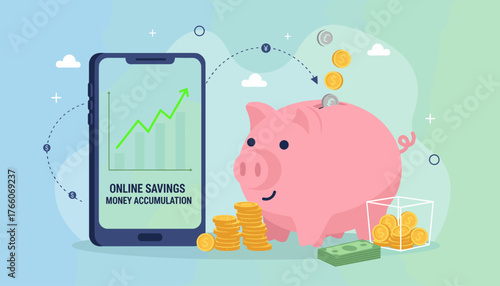 Vivid flat illustration of a large pink piggy bank with coins being deposited, next to a smartphone displaying a rising financial graph, symbolizing online savings and money accumulation in a modern
